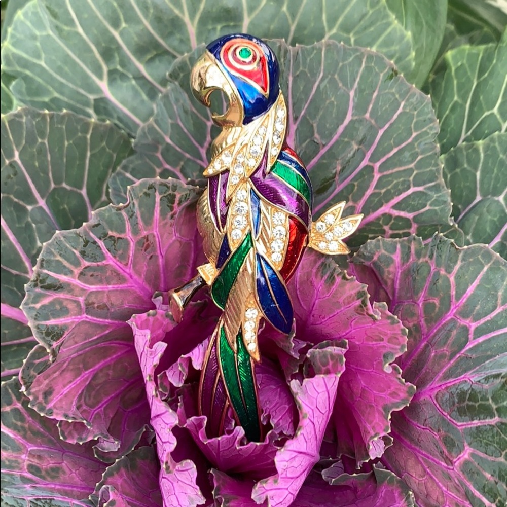 Modern Large Parrot Enamel & Rhinestone Brooch - Picture 3 of 16